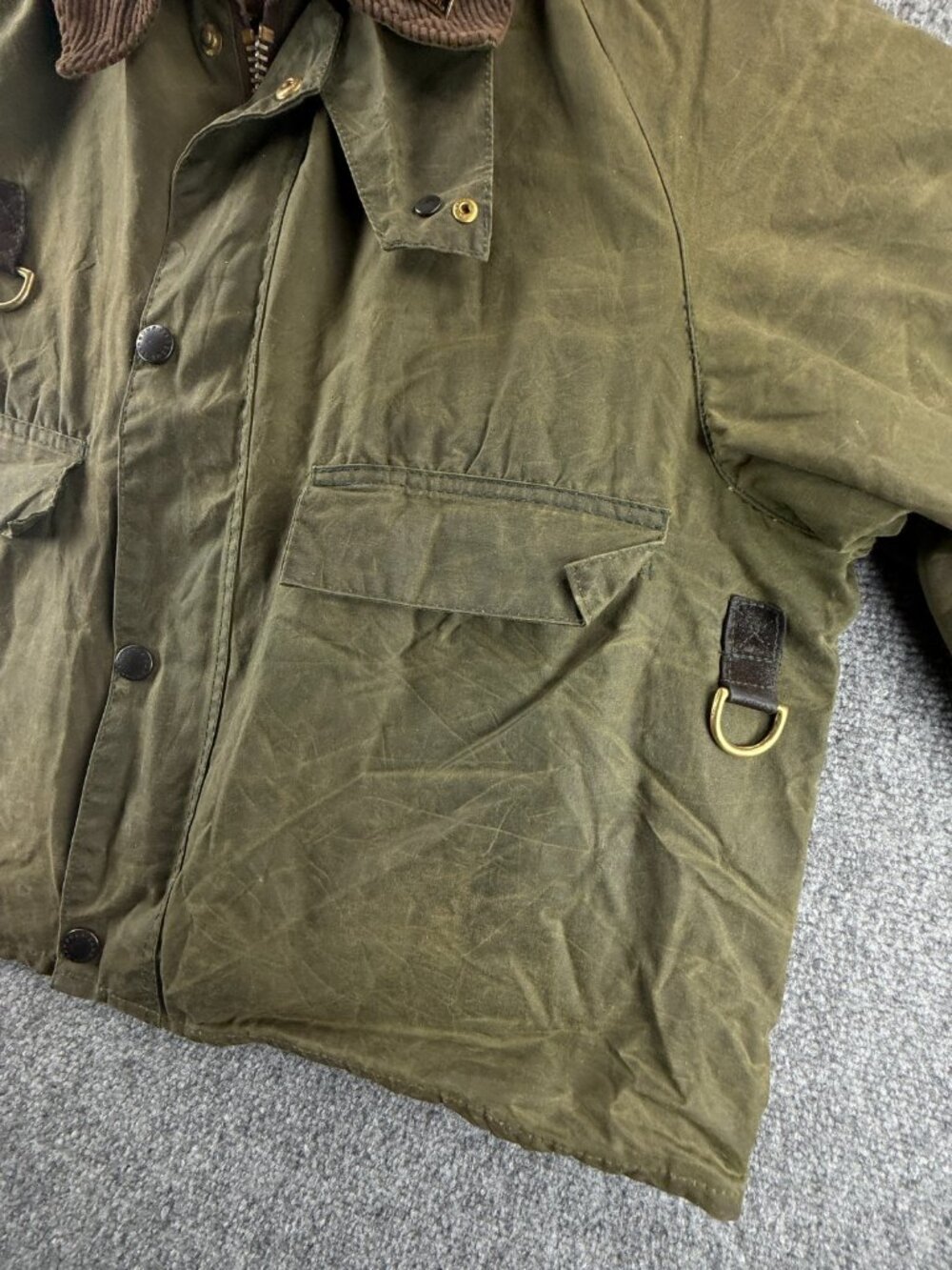 VTG Barbour Spey A130 Waxed Jacket Green Men Fishing Wasting Angler Pin Short - Picture 3 of 16